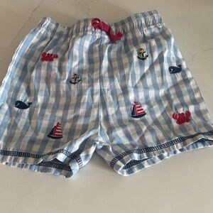 Mud Pie Blue and White Checkered Swim Trunks with Nautical Embroidery